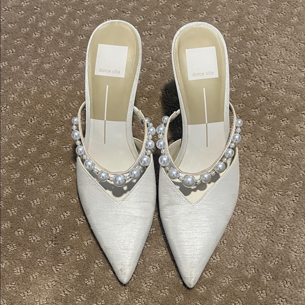 Dolce Vita Pearl-Embellished Cream Pointed Toe Mules